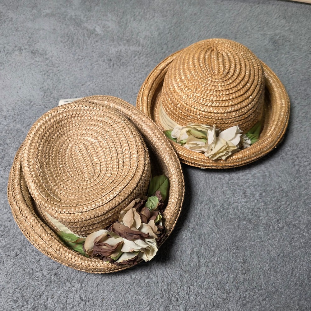 Bentley International Womens OS Straw Boater Hat Set 2 Tan Floral Vintage Style